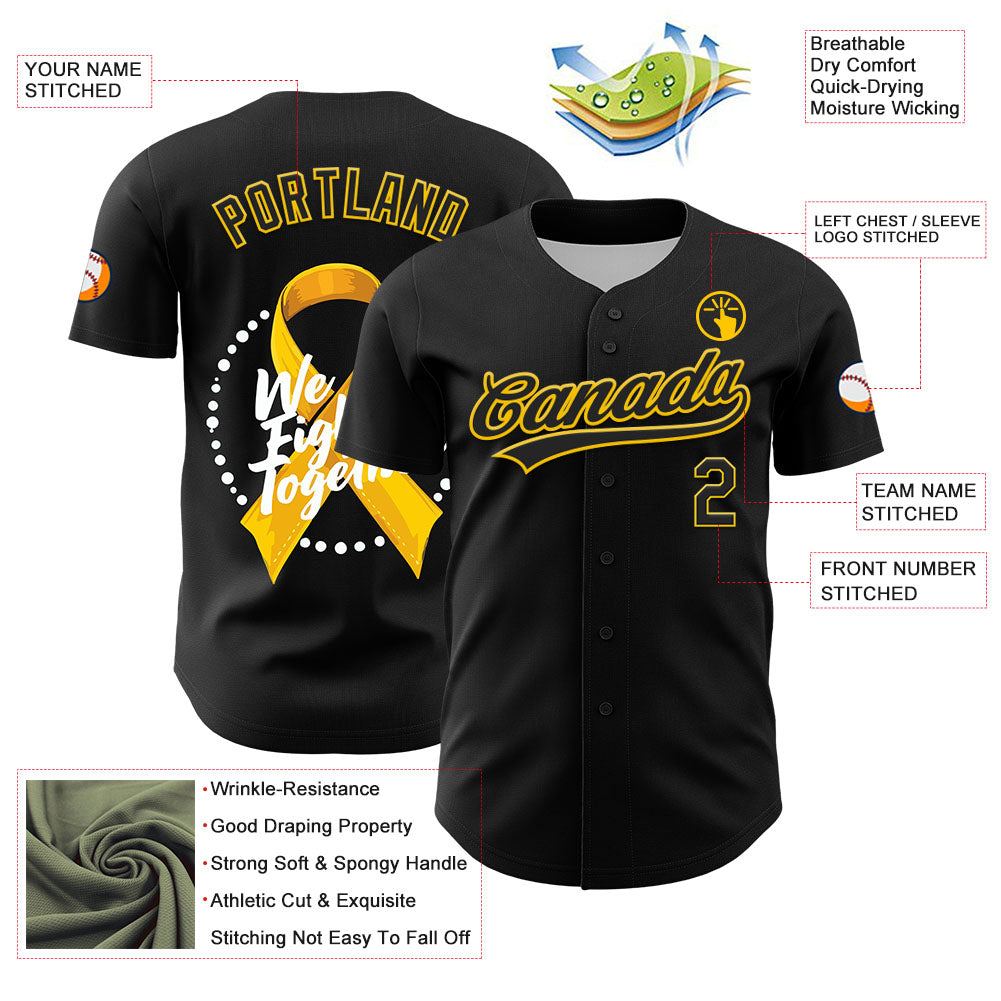 Custom Black Yellow-White 3D Bone Cancer Ribbon Authentic Baseball Jersey - Sky-Custom
