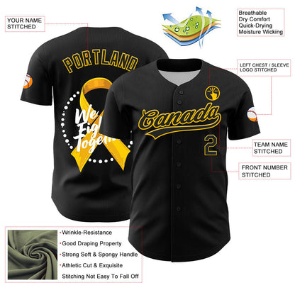 Custom Black Yellow-White 3D Bone Cancer Ribbon Authentic Baseball Jersey - Sky-Custom