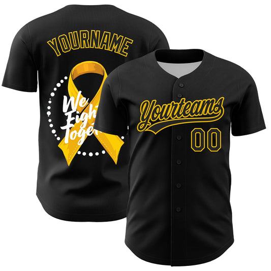 Custom Black Yellow-White 3D Bone Cancer Ribbon Authentic Baseball Jersey - Sky-Custom