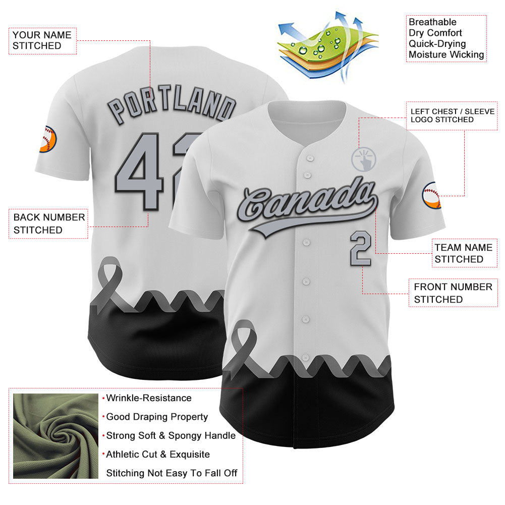 Custom White Gray-Black 3D Brain Cancer Ribbon Authentic Baseball Jersey - Sky-Custom