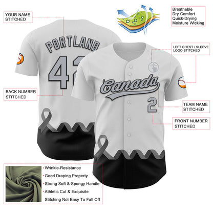 Custom White Gray-Black 3D Brain Cancer Ribbon Authentic Baseball Jersey - Sky-Custom