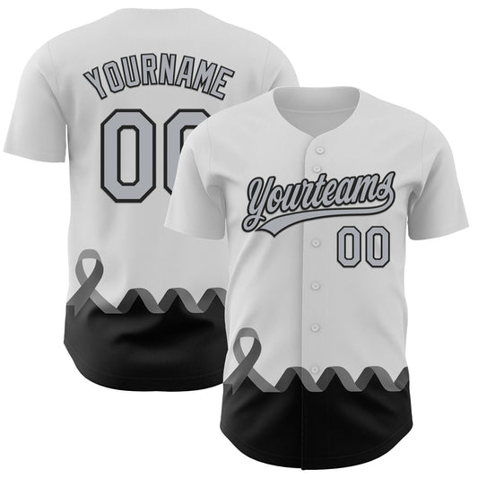 Custom White Gray-Black 3D Brain Cancer Ribbon Authentic Baseball Jersey - Sky-Custom