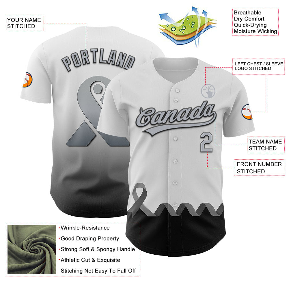 Custom White Gray-Black 3D Brain Cancer Ribbon Authentic Baseball Jersey - Sky-Custom