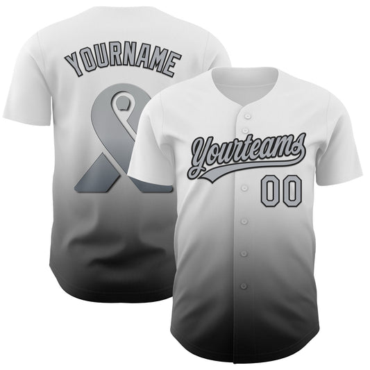 Custom White Gray-Black 3D Brain Cancer Ribbon Authentic Baseball Jersey - Sky-Custom
