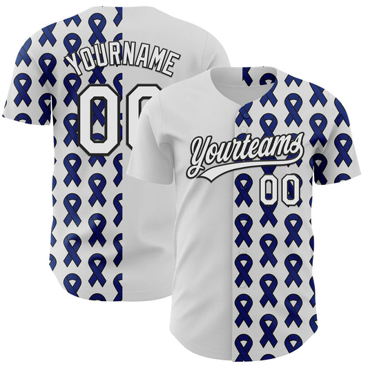 Custom White Black-Navy 3D Colorectal Cancer Ribbon Authentic Baseball Jersey - Sky-Custom