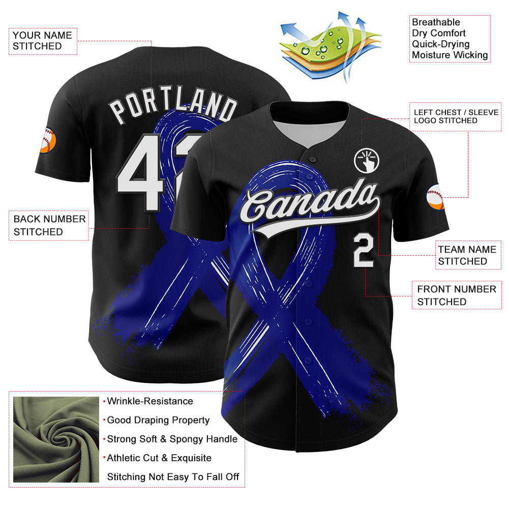 Custom Black White-Royal 3D Colorectal Cancer Ribbon Authentic Baseball Jersey - Sky-Custom