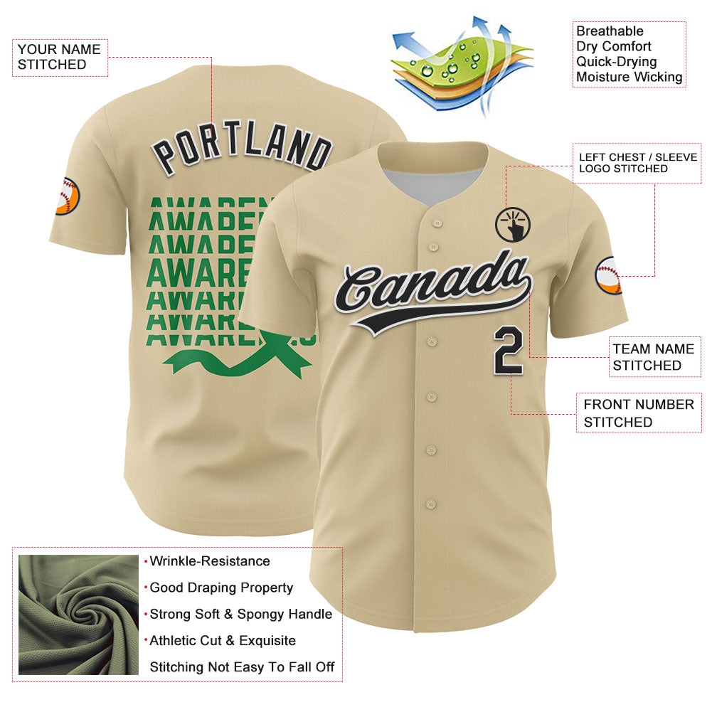 Custom Cream Black-Kelly Green 3D Gallbladder And Bile Duct Cancer Ribbon Authentic Baseball Jersey - Sky-Custom
