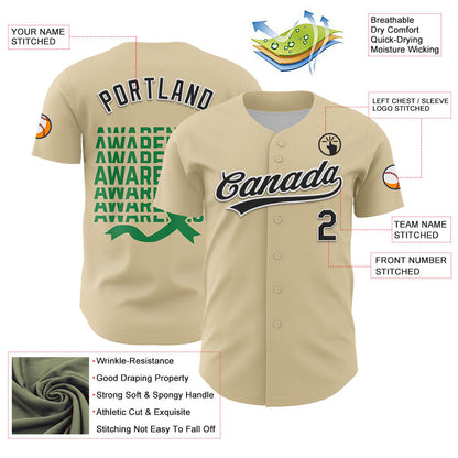 Custom Cream Black-Kelly Green 3D Gallbladder And Bile Duct Cancer Ribbon Authentic Baseball Jersey - Sky-Custom