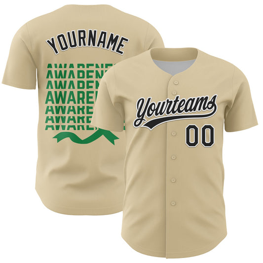 Custom Cream Black-Kelly Green 3D Gallbladder And Bile Duct Cancer Ribbon Authentic Baseball Jersey - Sky-Custom