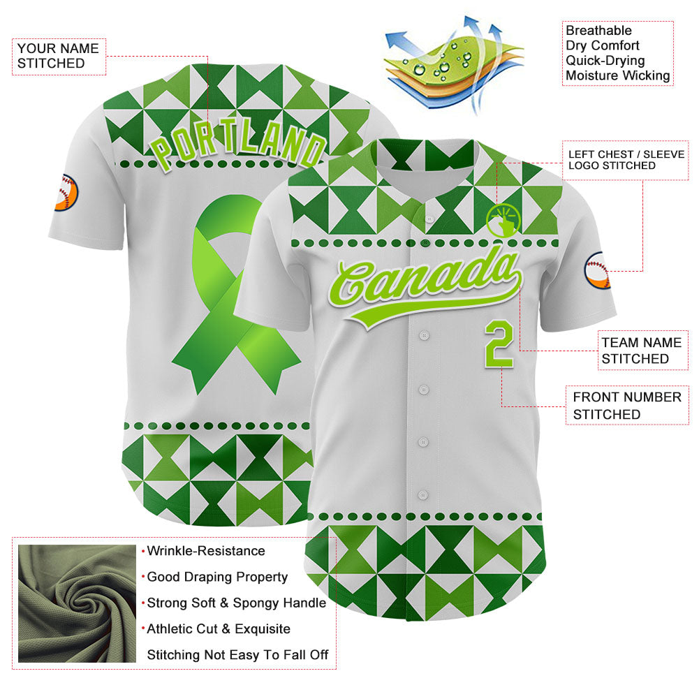 Custom White Neon Green 3D Gallbladder And Bile Duct Cancer Ribbon Authentic Baseball Jersey - Sky-Custom