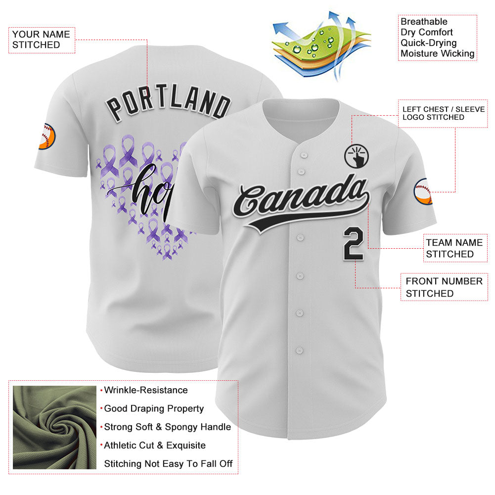 Custom White Black-Purple 3D Gastric Cancer Ribbon Authentic Baseball Jersey - Sky-Custom