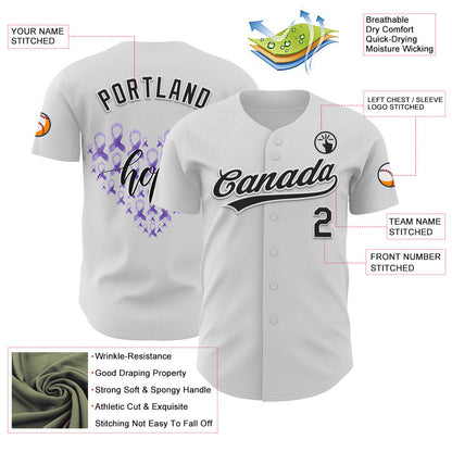 Custom White Black-Purple 3D Gastric Cancer Ribbon Authentic Baseball Jersey - Sky-Custom