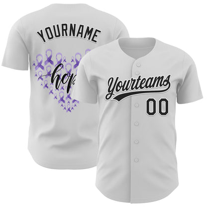 Custom White Black-Purple 3D Gastric Cancer Ribbon Authentic Baseball Jersey - Sky-Custom