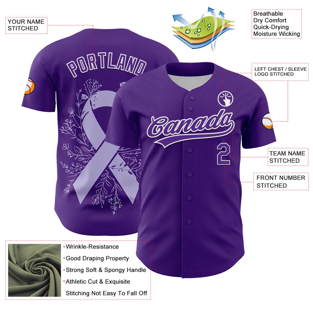 Custom Purple White 3D Gastric Cancer Ribbon Authentic Baseball Jersey - Sky-Custom
