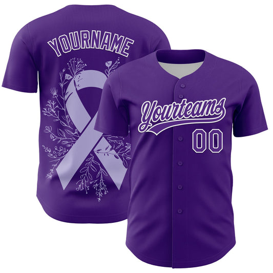 Custom Purple White 3D Gastric Cancer Ribbon Authentic Baseball Jersey - Sky-Custom