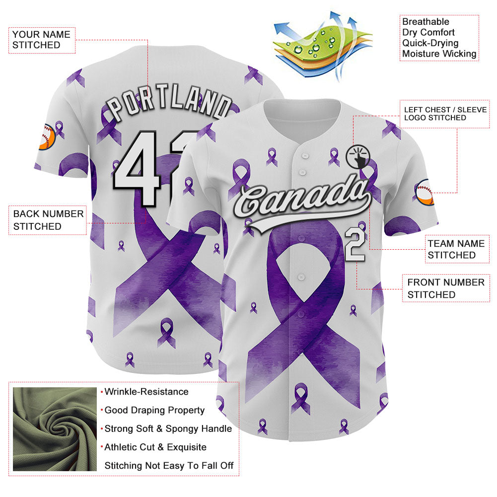Custom White Purple-Black 3D Gynecological Cancer Ribbon Authentic Baseball Jersey - Sky-Custom