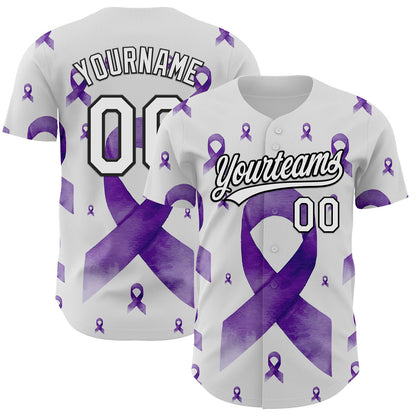 Custom White Purple-Black 3D Gynecological Cancer Ribbon Authentic Baseball Jersey - Sky-Custom
