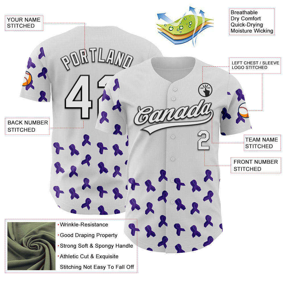 Custom White Purple-Black 3D Gynecological Cancer Ribbon Authentic Baseball Jersey - Sky-Custom