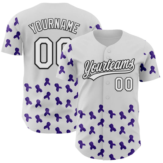 Custom White Purple-Black 3D Gynecological Cancer Ribbon Authentic Baseball Jersey - Sky-Custom