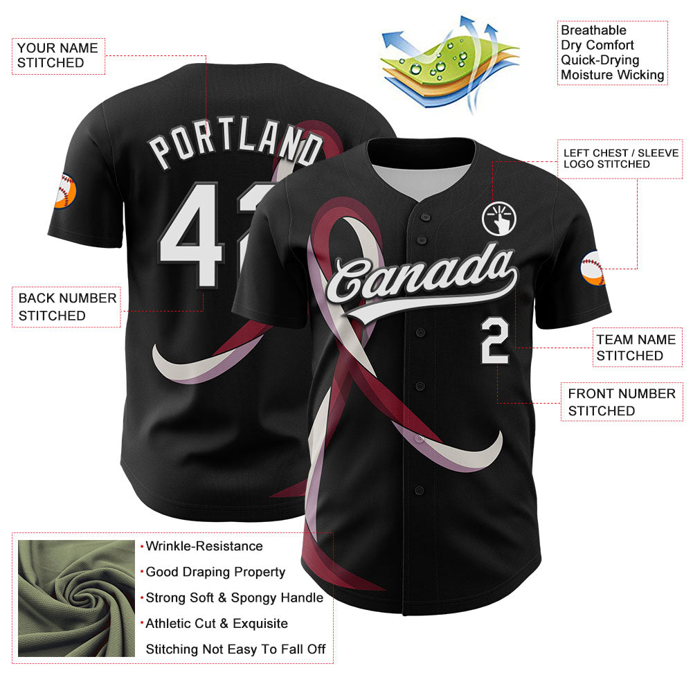 Custom Black White-Burgund 3D Head And Neck Cancer Ribbon Authentic Baseball Jersey - Sky-Custom