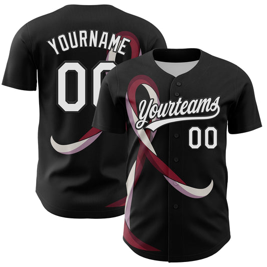 Custom Black White-Burgund 3D Head And Neck Cancer Ribbon Authentic Baseball Jersey - Sky-Custom