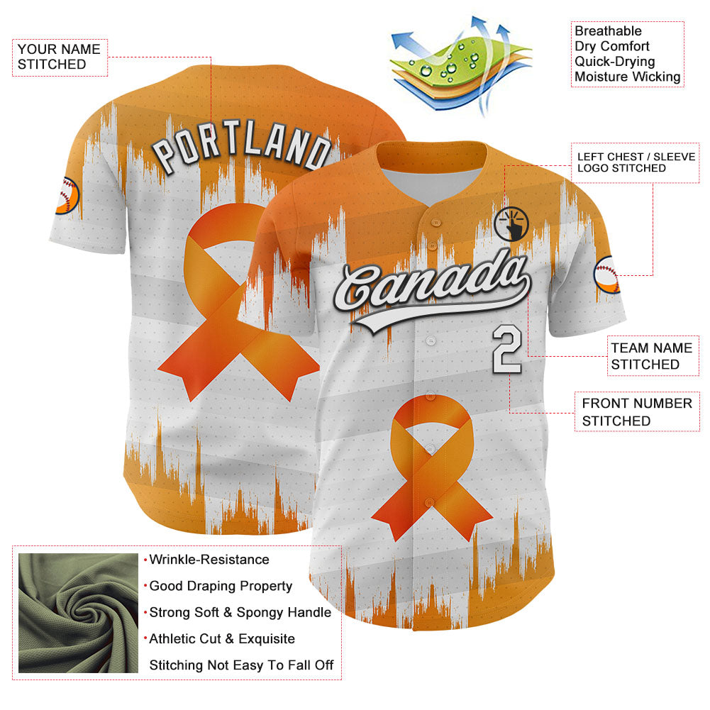 Custom White Orange-Black 3D Kidney Cancer Ribbon Authentic Baseball Jersey - Sky-Custom