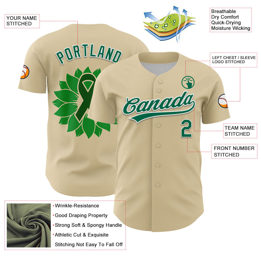 Custom Cream Kelly Green-White 3D Liver Cancer Ribbon Authentic Baseball Jersey - Sky-Custom