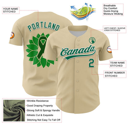 Custom Cream Kelly Green-White 3D Liver Cancer Ribbon Authentic Baseball Jersey - Sky-Custom