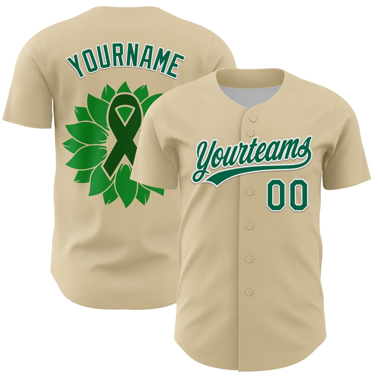 Custom Cream Kelly Green-White 3D Liver Cancer Ribbon Authentic Baseball Jersey - Sky-Custom