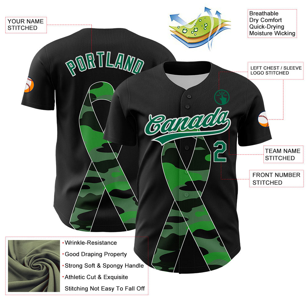 Custom Black Kelly Green-White 3D Liver Cancer Ribbon Authentic Baseball Jersey - Sky-Custom