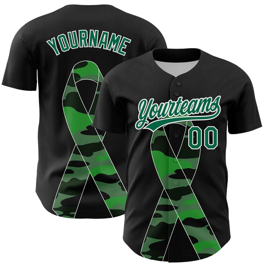 Custom Black Kelly Green-White 3D Liver Cancer Ribbon Authentic Baseball Jersey - Sky-Custom