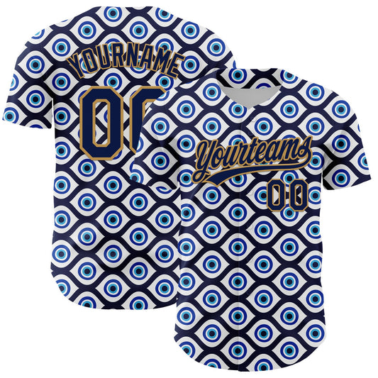 Custom White Navy-Old Gold 3D Pattern Design Evil Eyes Authentic Baseball Jersey - Sky-Custom