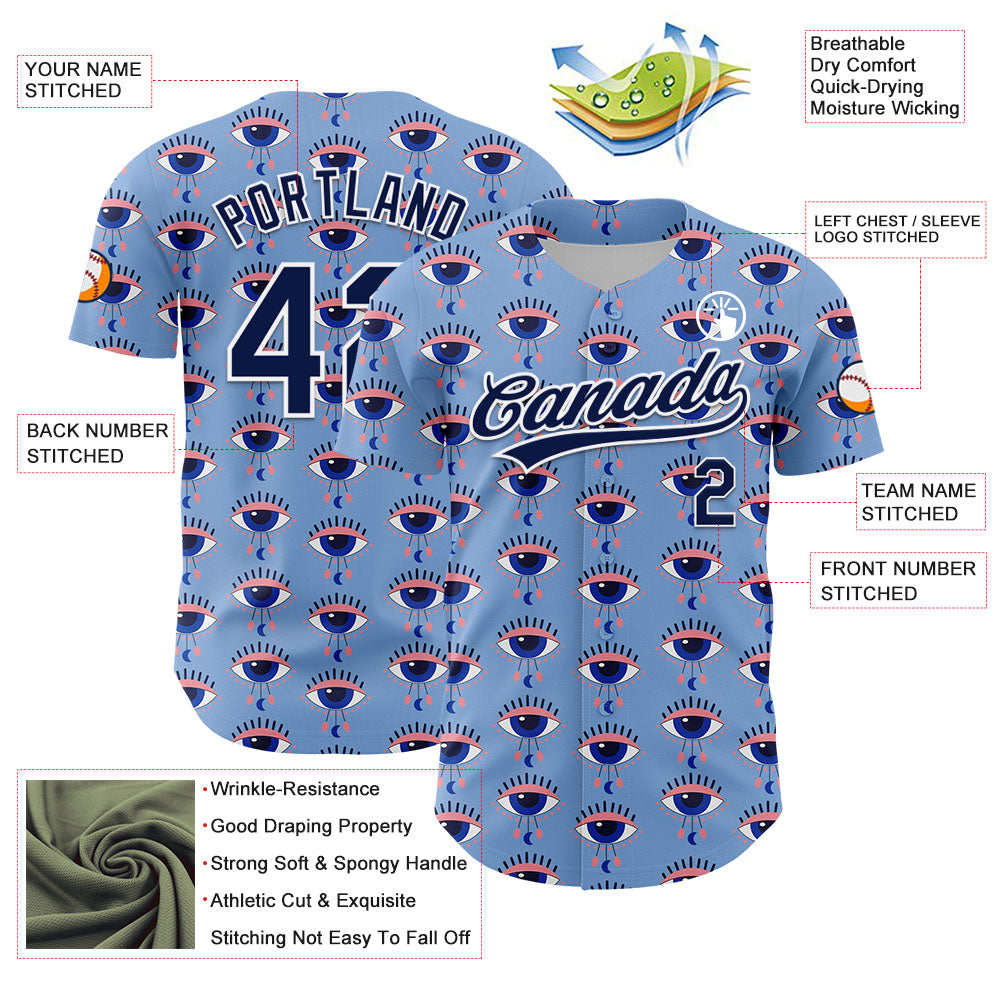 Custom Light Blue Navy-White 3D Pattern Design Evil Eyes Authentic Baseball Jersey - Sky-Custom