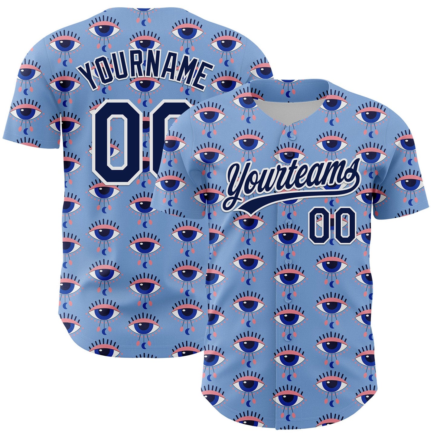 Custom Light Blue Navy-White 3D Pattern Design Evil Eyes Authentic Baseball Jersey - Sky-Custom
