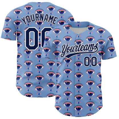 Custom Light Blue Navy-White 3D Pattern Design Evil Eyes Authentic Baseball Jersey - Sky-Custom
