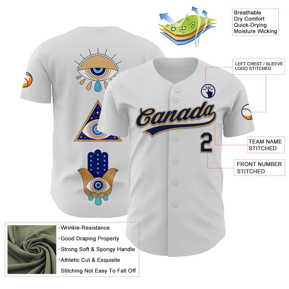 Custom White Navy-Old Gold 3D Pattern Design Evil Eyes Authentic Baseball Jersey - Sky-Custom
