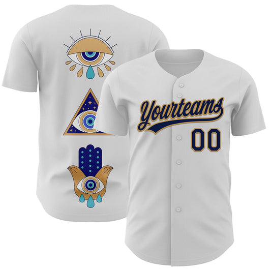 Custom White Navy-Old Gold 3D Pattern Design Evil Eyes Authentic Baseball Jersey - Sky-Custom