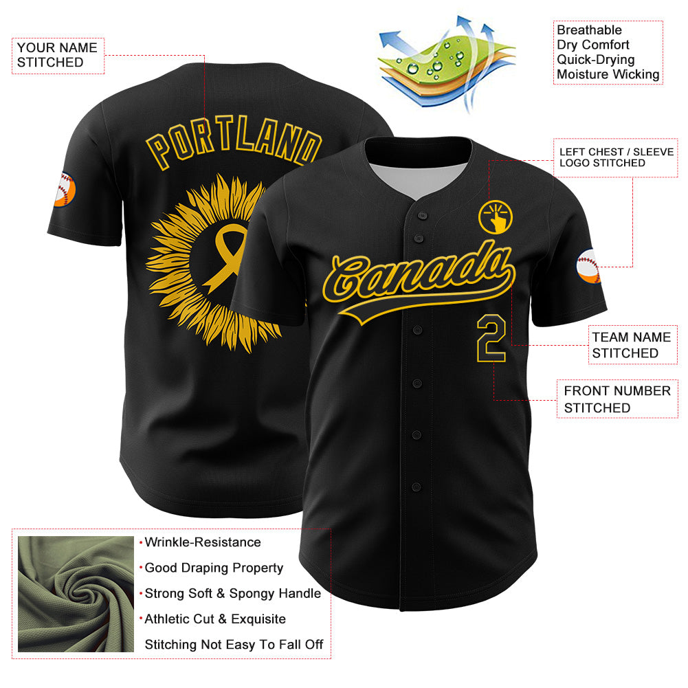 Custom Black Yellow 3D Childhood Cancer Gold Ribbon Authentic Baseball Jersey - Sky-Custom