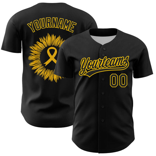 Custom Black Yellow 3D Childhood Cancer Gold Ribbon Authentic Baseball Jersey - Sky-Custom