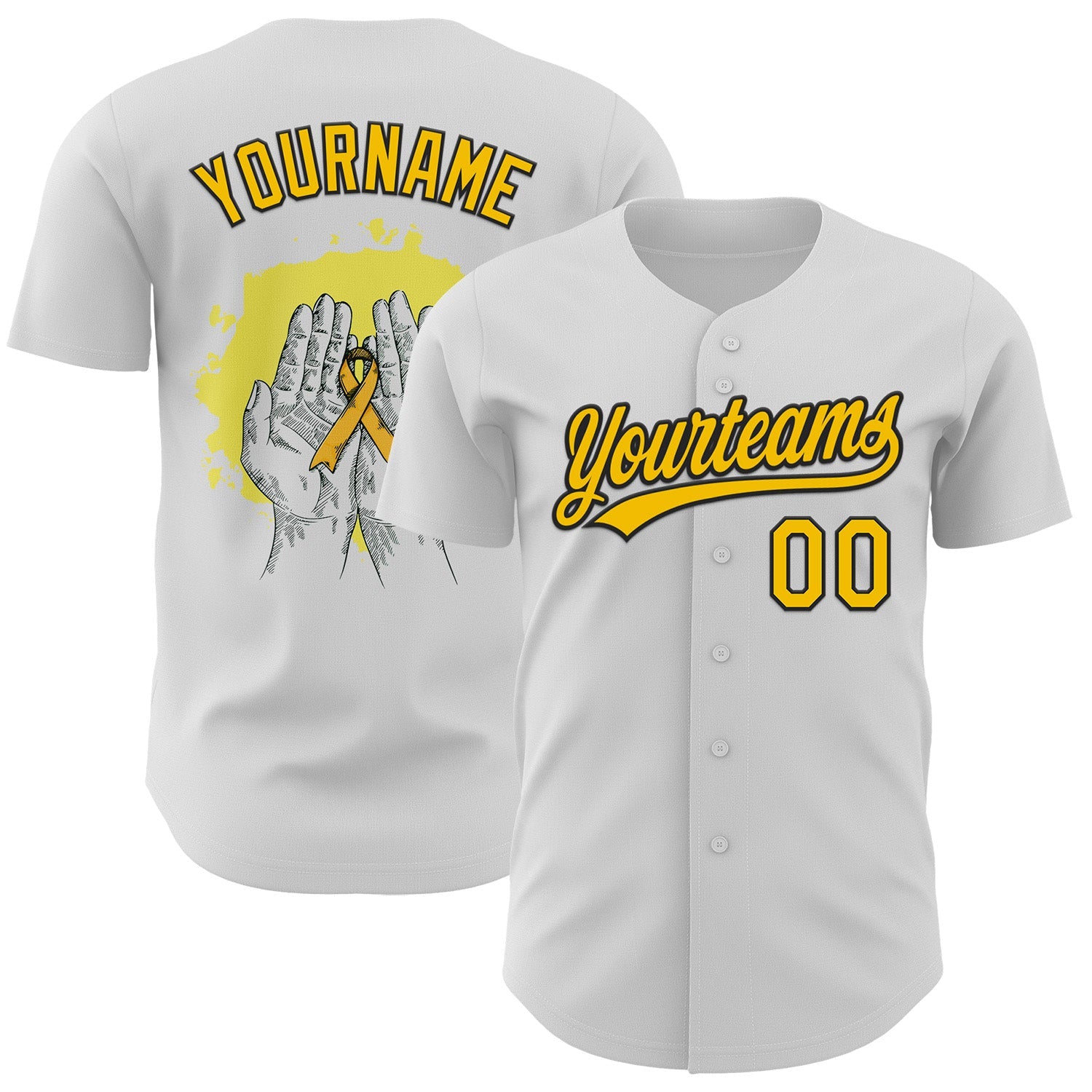 Custom White Yellow-Black 3D Childhood Cancer Gold Ribbon Authentic Baseball Jersey - Sky-Custom