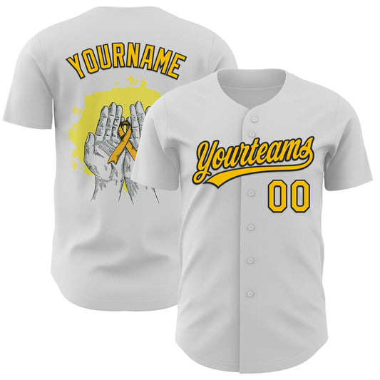 Custom White Yellow-Black 3D Childhood Cancer Gold Ribbon Authentic Baseball Jersey - Sky-Custom