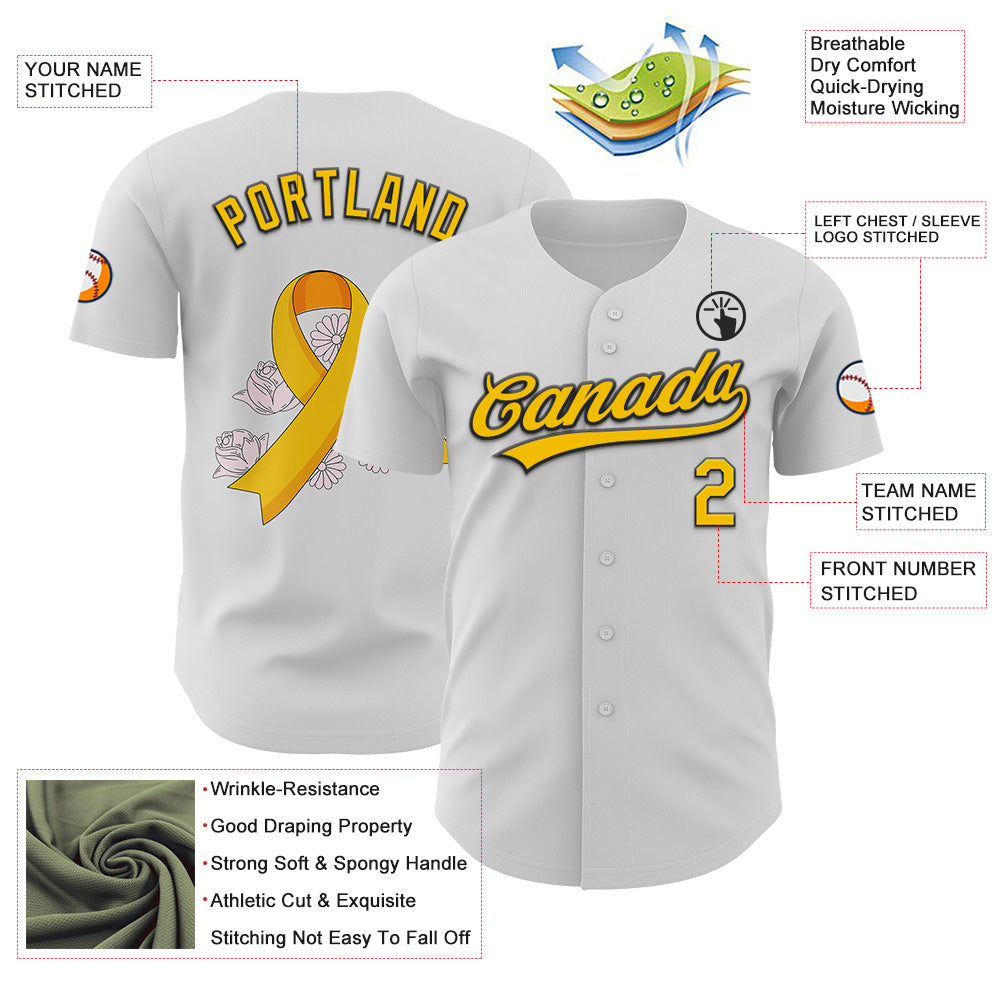 Custom White Yellow-Black 3D Childhood Cancer Gold Ribbon Authentic Baseball Jersey - Sky-Custom