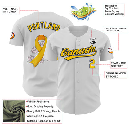 Custom White Yellow-Black 3D Childhood Cancer Gold Ribbon Authentic Baseball Jersey - Sky-Custom