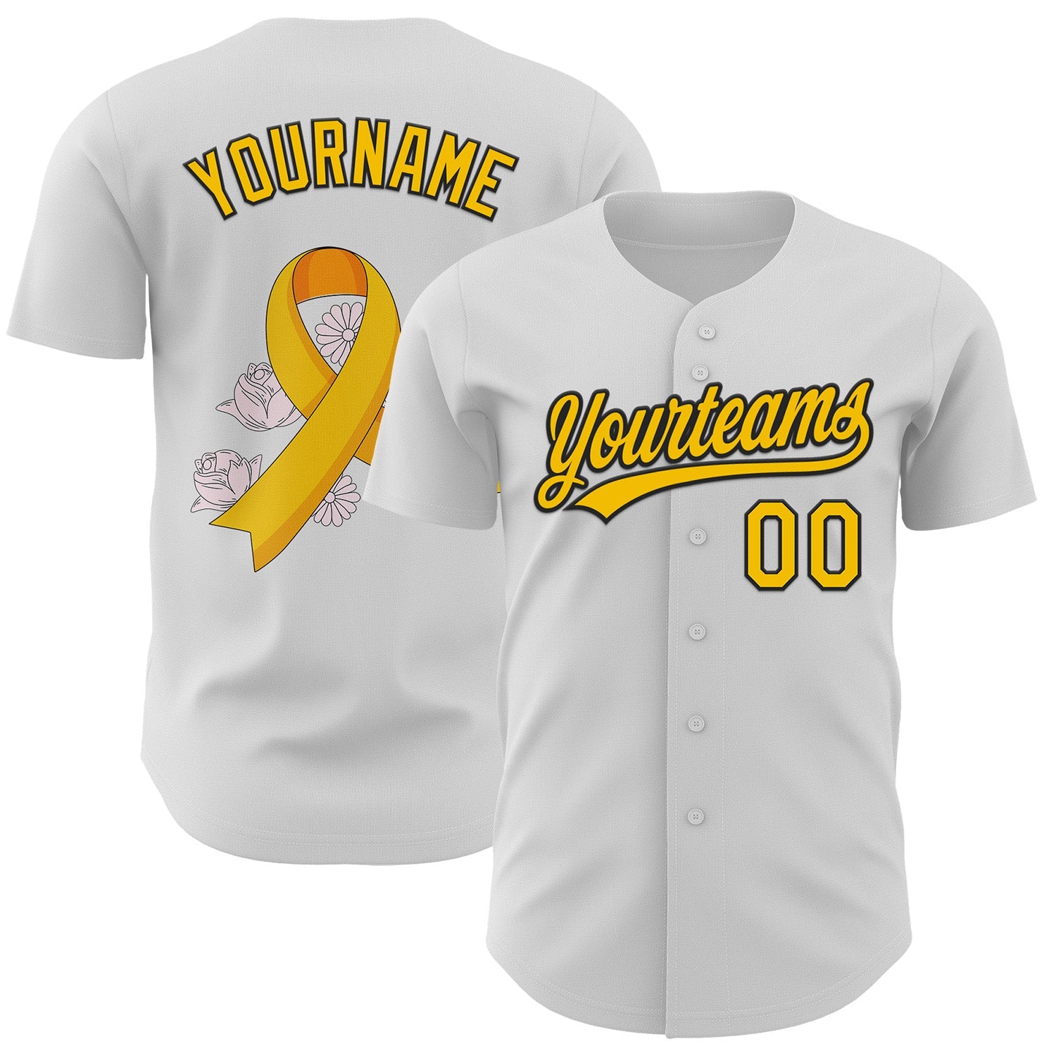 Custom White Yellow-Black 3D Childhood Cancer Gold Ribbon Authentic Baseball Jersey - Sky-Custom