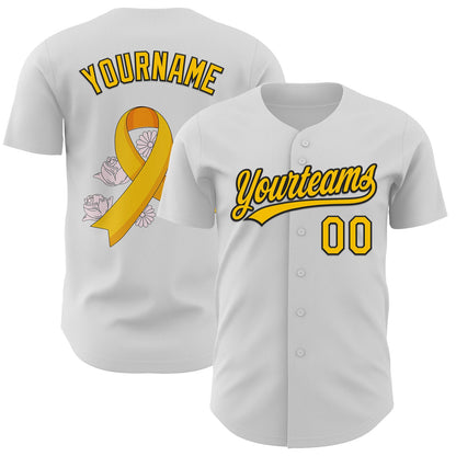 Custom White Yellow-Black 3D Childhood Cancer Gold Ribbon Authentic Baseball Jersey - Sky-Custom