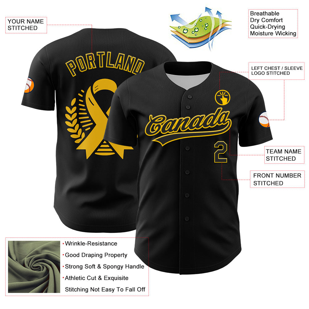 Custom Black Yellow 3D Childhood Cancer Gold Ribbon Authentic Baseball Jersey - Sky-Custom