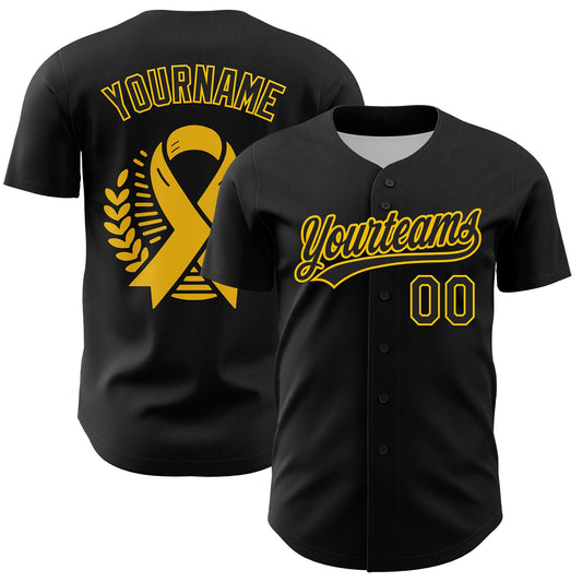 Custom Black Yellow 3D Childhood Cancer Gold Ribbon Authentic Baseball Jersey - Sky-Custom