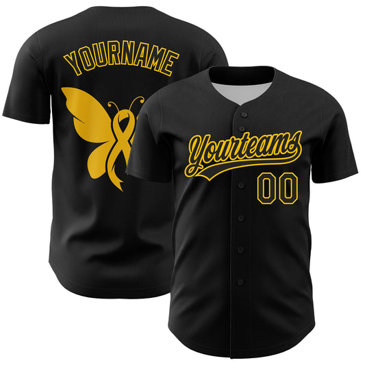 Custom Black Yellow 3D Childhood Cancer Gold Ribbon Authentic Baseball Jersey - Sky-Custom