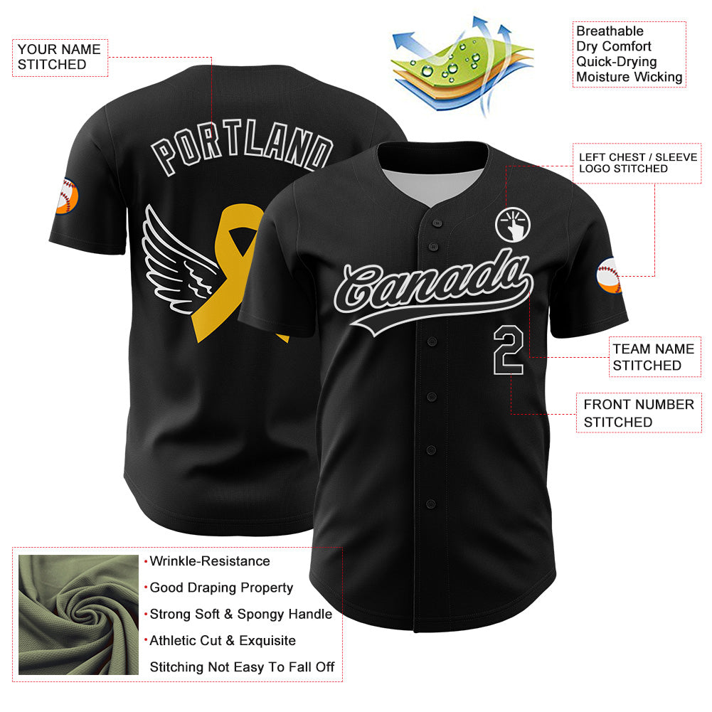Custom Black White-Yellow 3D Childhood Cancer Gold Ribbon Authentic Baseball Jersey - Sky-Custom