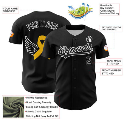 Custom Black White-Yellow 3D Childhood Cancer Gold Ribbon Authentic Baseball Jersey - Sky-Custom